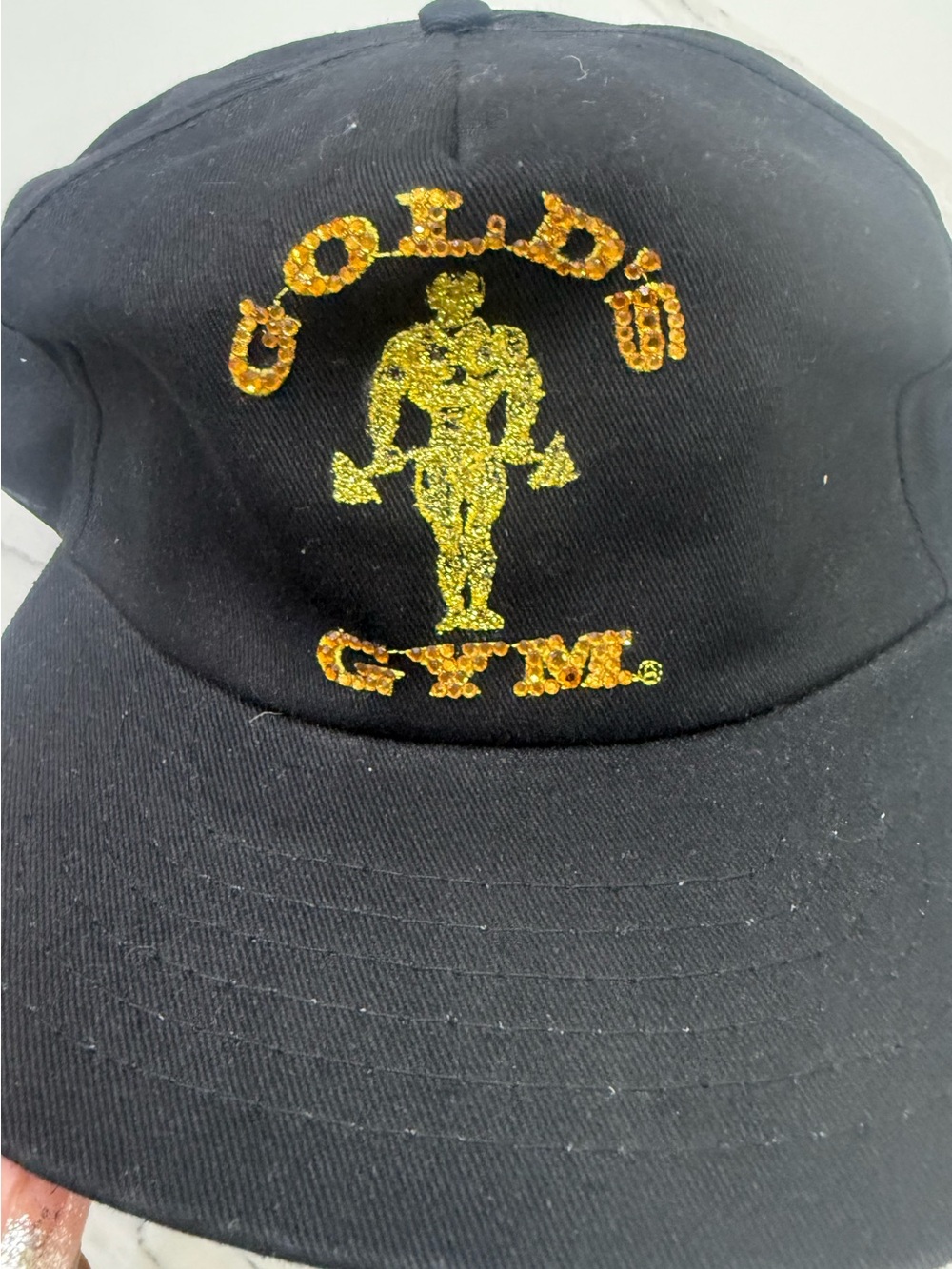 Vintage Gold’s Gym Red Corduroy and Black Cotton Rhinestoned Baseball Cap - Picture 5 of 7